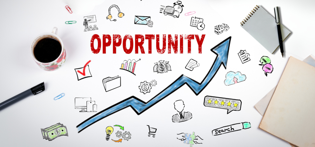Collage of miscellaneous office supplies with the word, "Opportunity," highlighted in red letters.