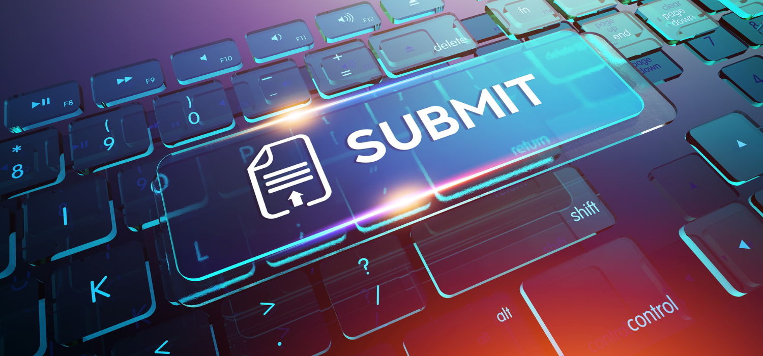 Blue keyboard with the "Submit" button featured prominently.