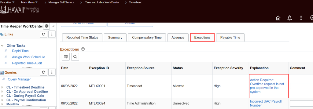 Resolve Timecard Exceptions - Hourly Timecard