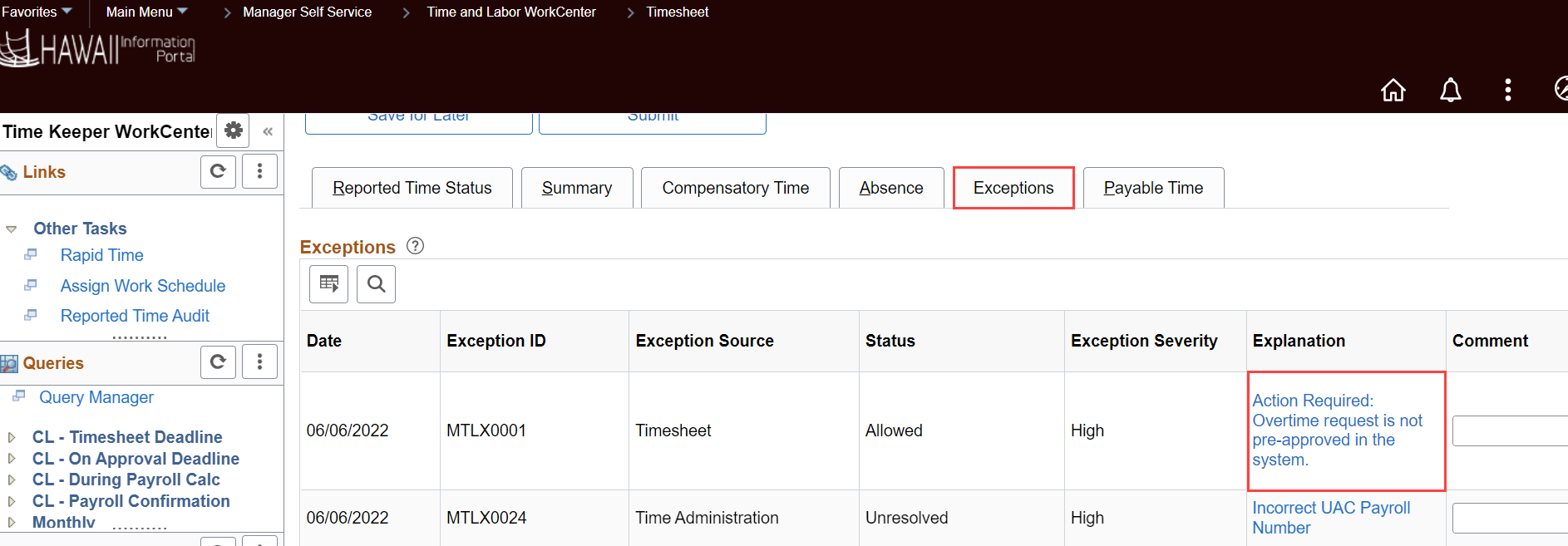 Hawaii Information Portal | Managing Exceptions