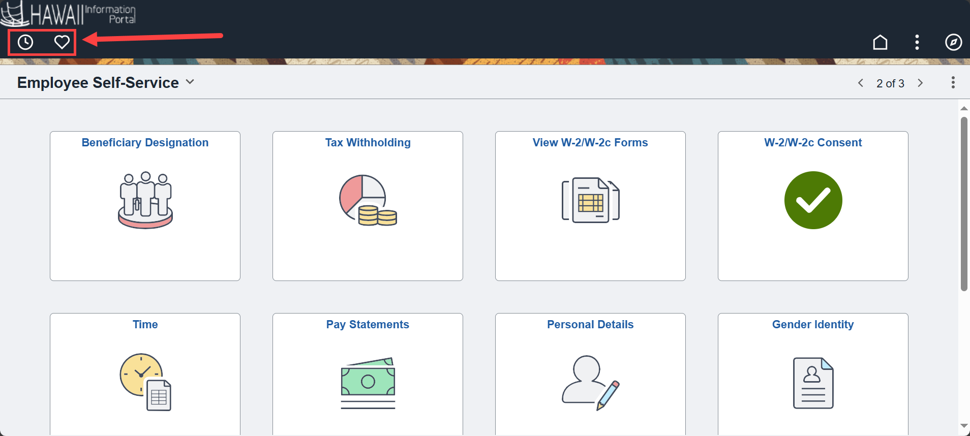 Employee Self Service with Recent Pages and Favorites highlighted in the top left corner under the HIP logo.