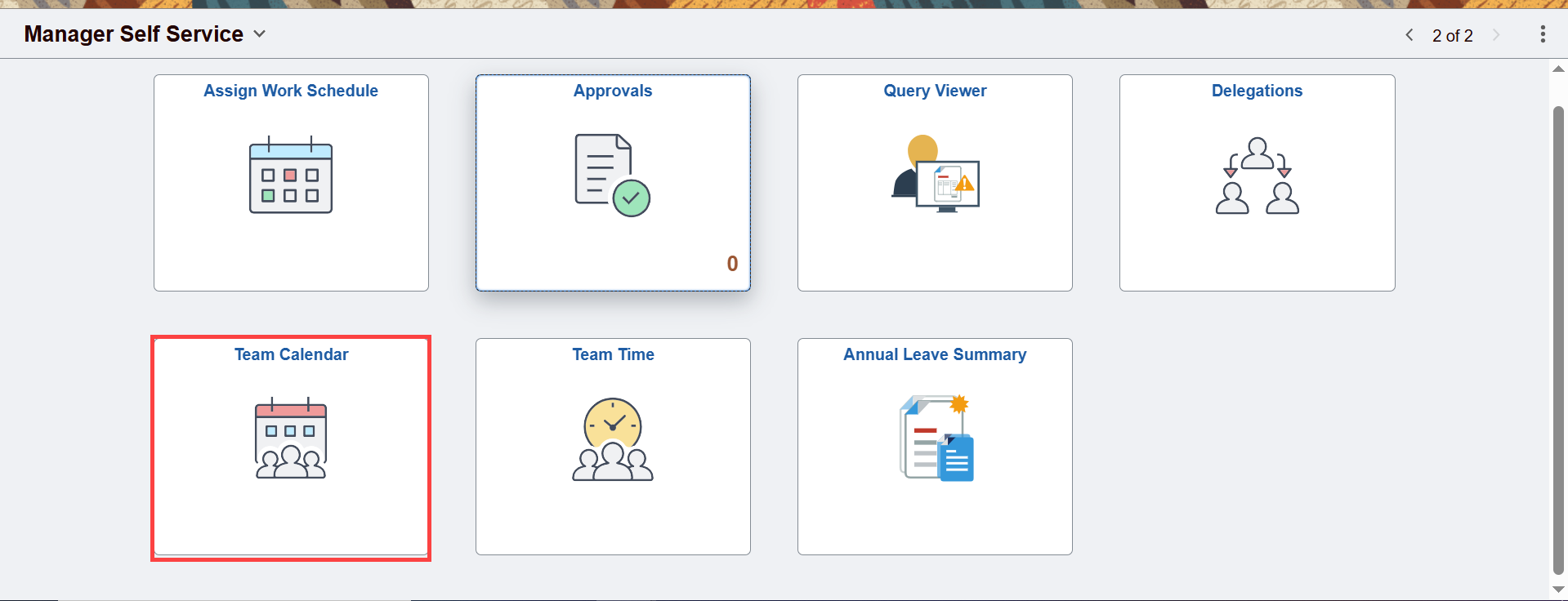 Manager Self Service menu with Team Calendar tile highlighted in second row, first column.