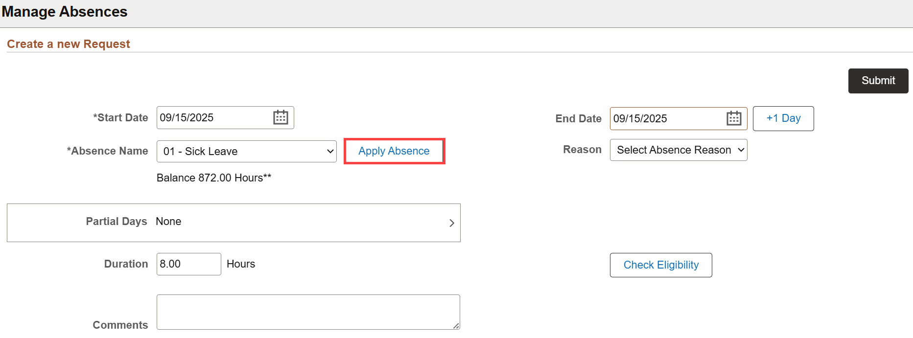 Manage Absences page with Apply Absence button.