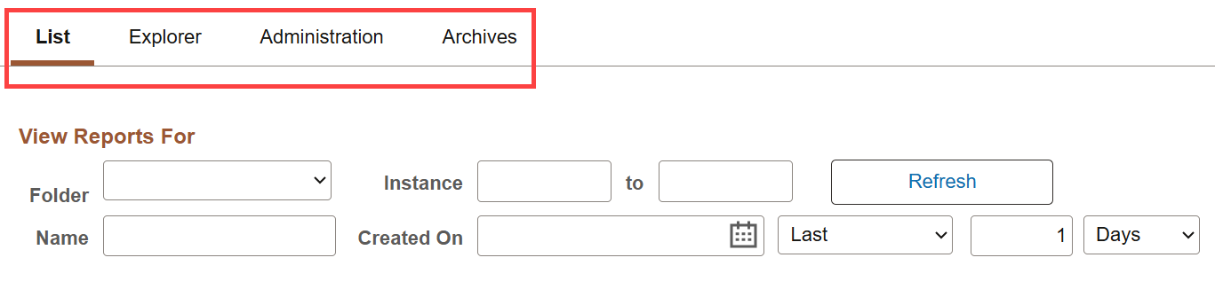 Report Manager page example with tabs highlighted. Current tab open is indicated by bold text with a thick underline.