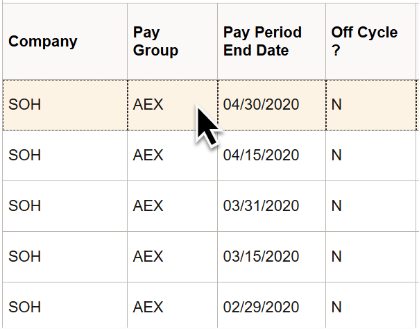 Review Paycheck example with mouse cursor hovering over first row. Cursor indicated a highlight which can be clicked on.