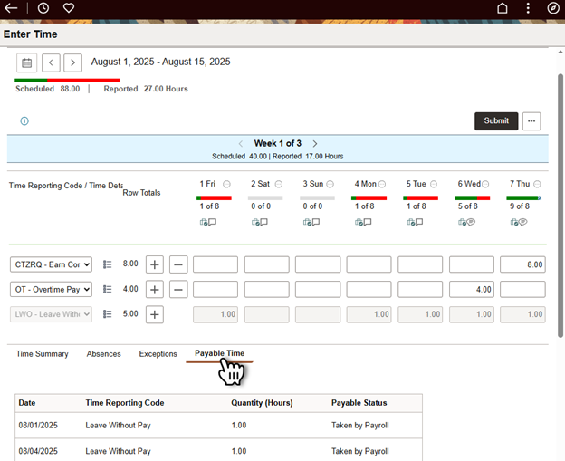 Timesheet with 4 tabs at the bottom. Time Summary, Absences, Exceptions, and Payable Time are now all able to be displayed at the bottom of the timesheet.