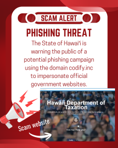 Scam alert warning of a phishing website, codify . com, pretending to be state agencies - and a screenshot of a fake website