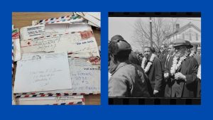 Two photos are shown here. On the left are a stack of old envelopes from the 1940s with postmarks. On the other side is a black and white photo of Dr. Martin Luther King Jr with a lei on in a group of people.